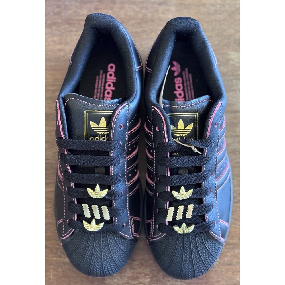 Women’s Size 8.5 Adidas Superstar II Black Pink Gold JS1380 Shell Toe New In Box - Picture 2 of 10